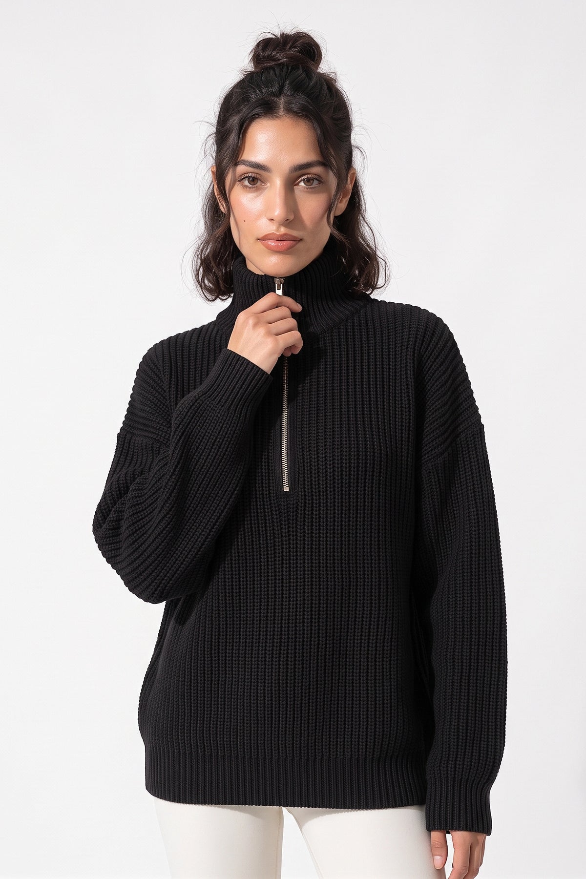 Women's Winter Warm Ribbed Knitted Jumper Quarter Zip
