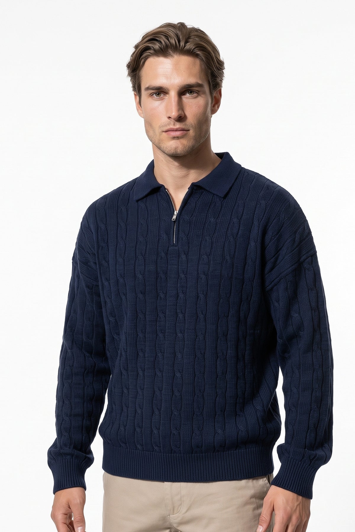 Men's Winter Warm Cable Knit Quarter Zip Polo Jumper