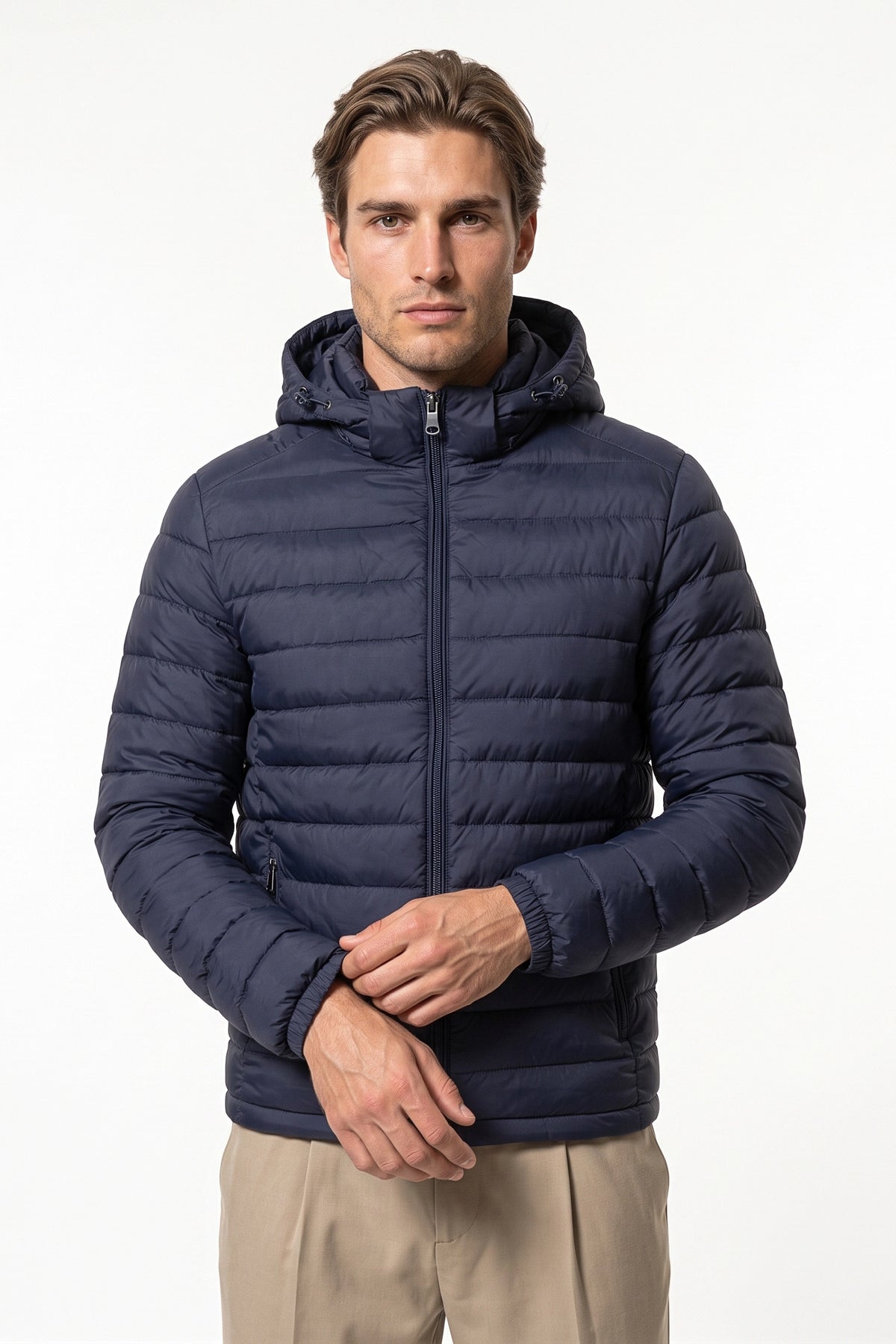 Men's Winter Warm Puffer Jacket with Hood and Zip Pockets