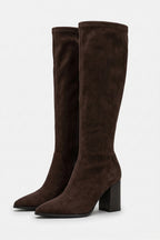 Women's Suede Pointed Toe Knee High Boots with Block Heel