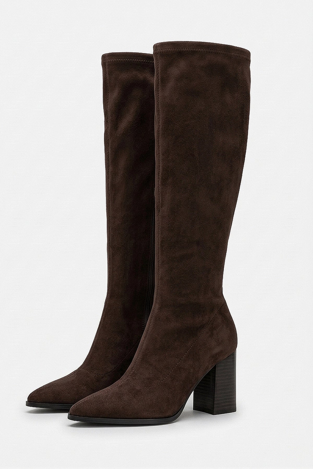 Women's Suede Pointed Toe Knee High Boots with Block Heel