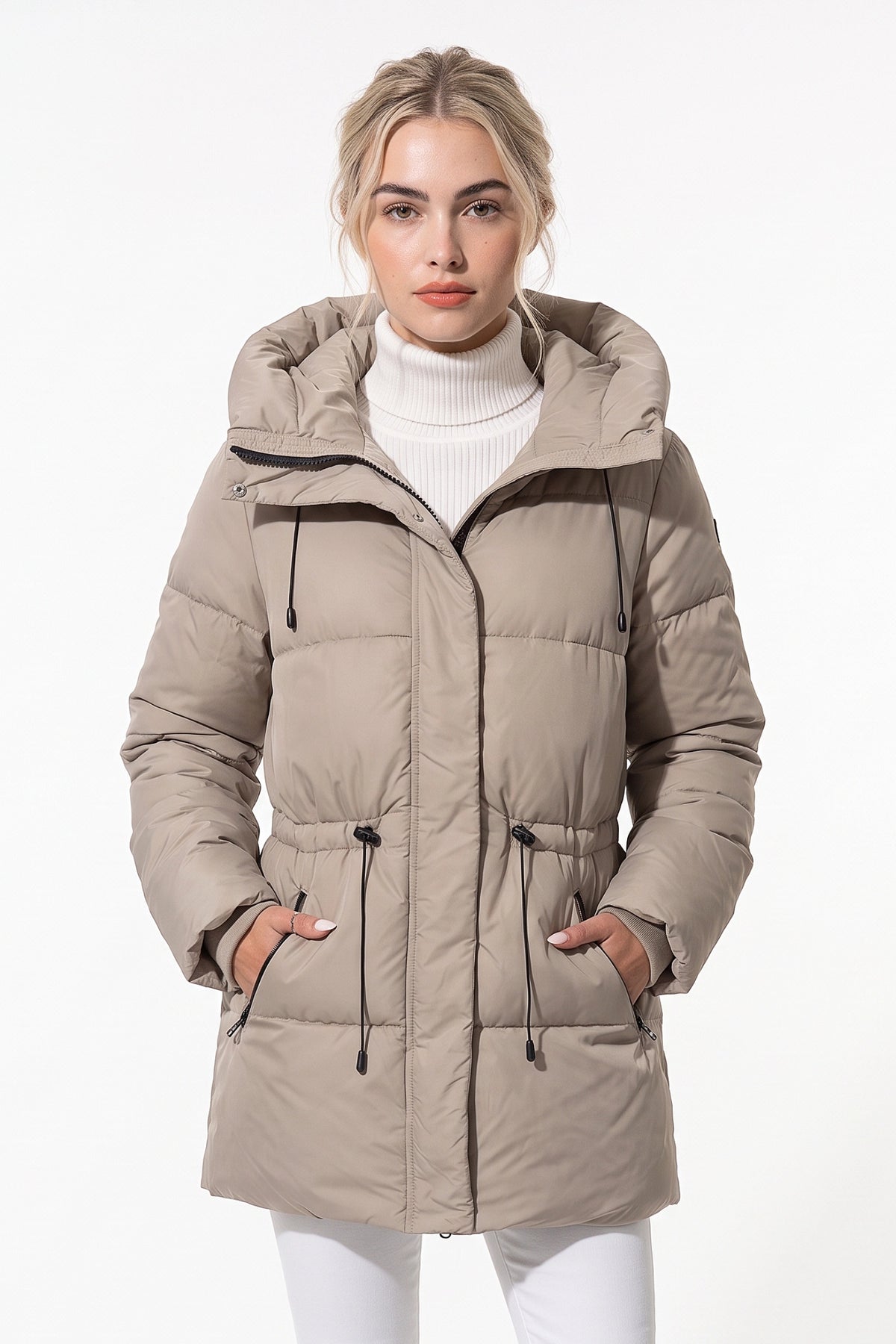 Women’s Winter Warm Hooded Long Puffer Jacket with Adjustable Waist