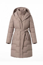Women's Winter Warm Longline Puffer Coat with Hood and Waist Belt