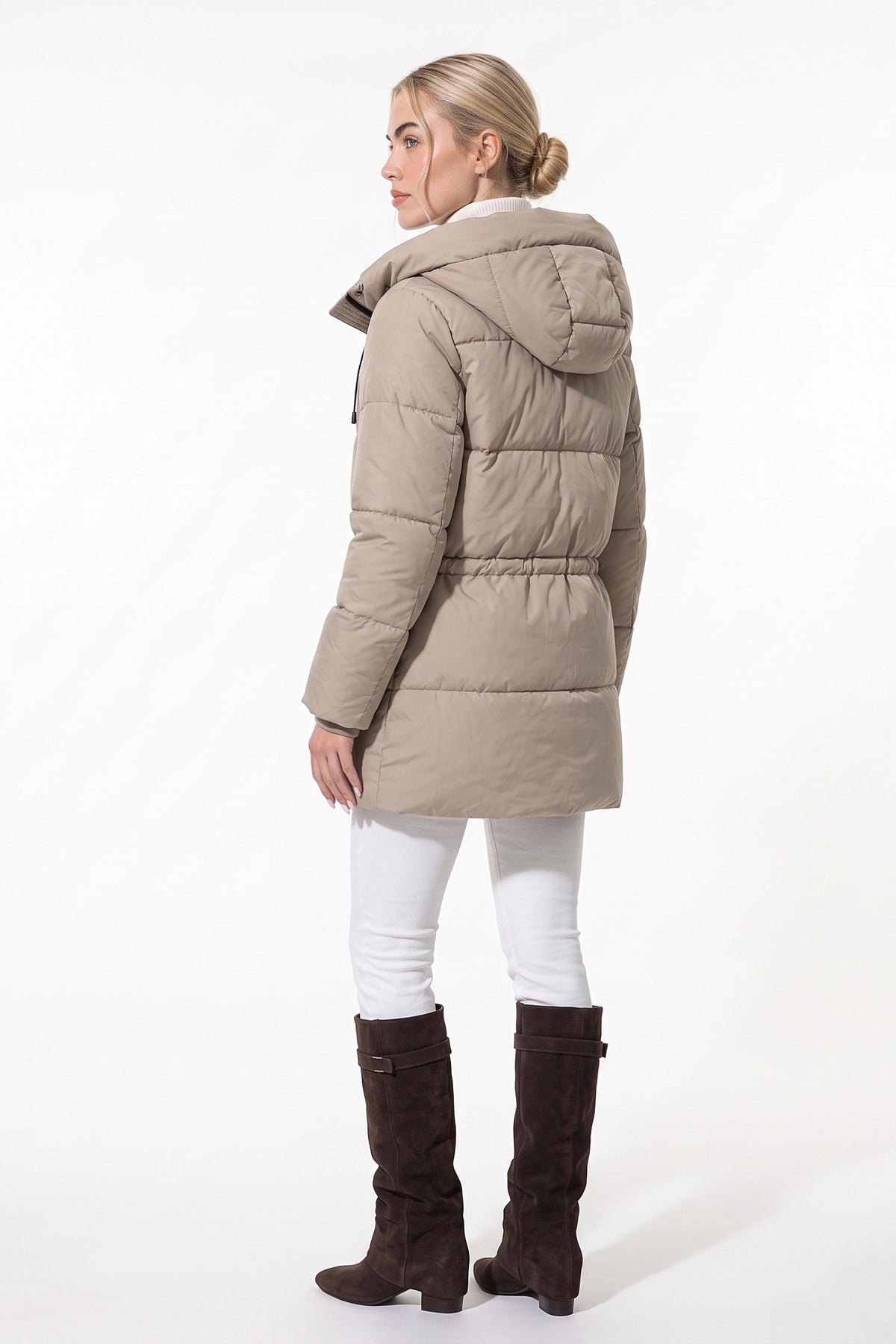 Women’s Winter Warm Hooded Long Puffer Jacket with Adjustable Waist