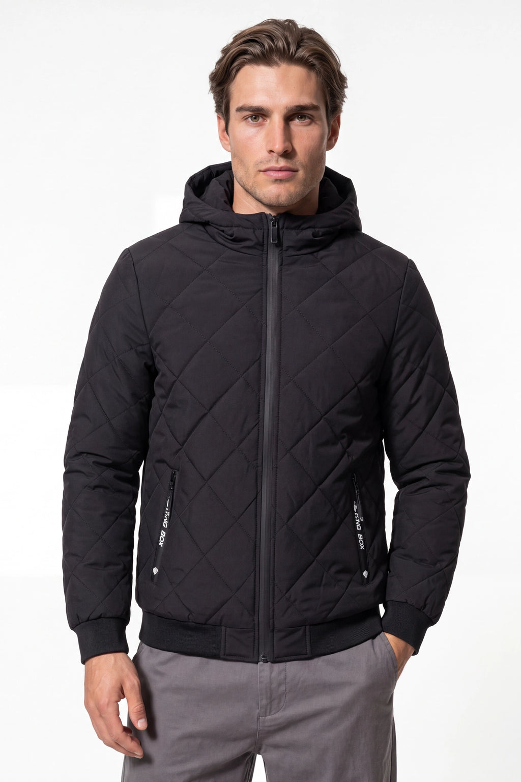 Men’s Winter Warm Black Quilted Jacket with Hood and Full Zip