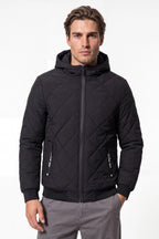 Men’s Winter Warm Black Quilted Jacket with Hood and Full Zip