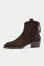 Women’s Warm Suede Pointed Toe Western Ankle Boots with Back Zip