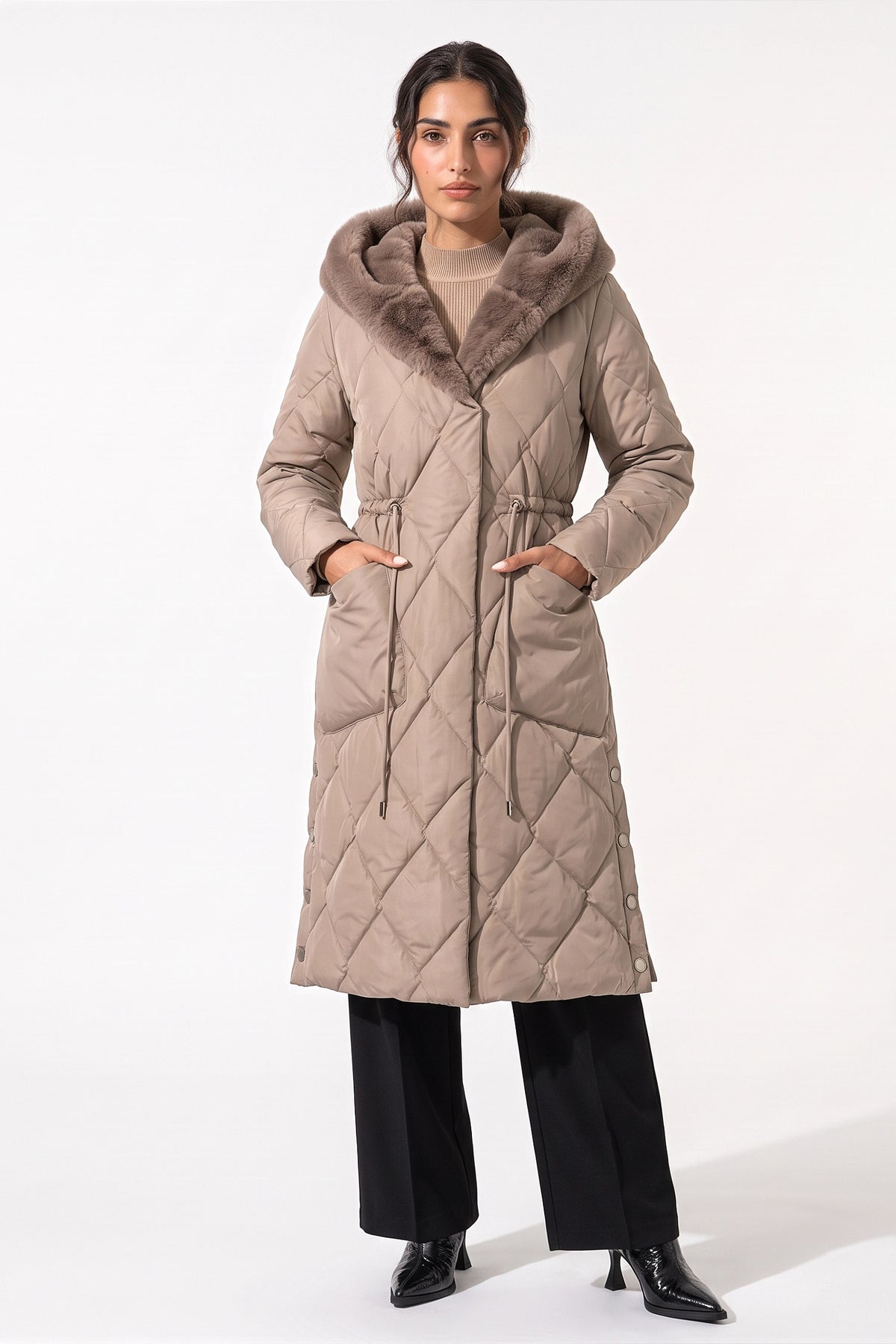 Women's Winter Warm Longline Quilted Puffer Coat with Fur Trimmed Hood