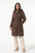 Women's Winter Warm Longline Puffer Coat with Hood and Waist Belt