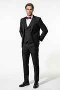 Men's Black Slim Fit Three Piece Suit with Double-Breasted Waistcoat