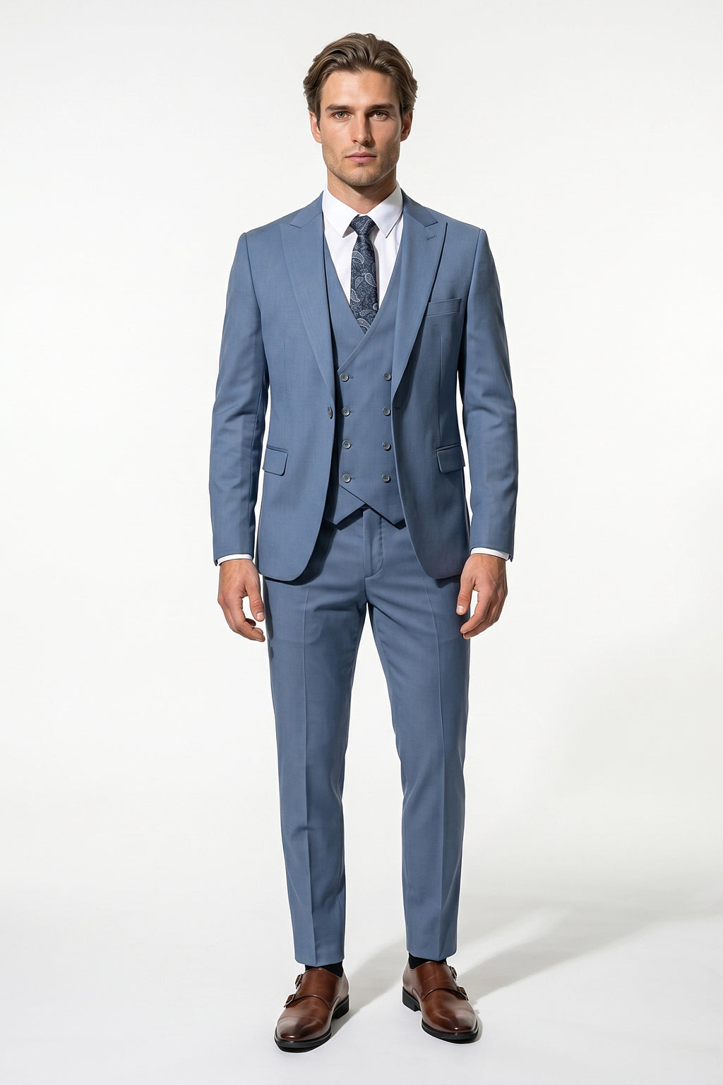 Men's Black Slim Fit Three Piece Suit with Double-Breasted Waistcoat