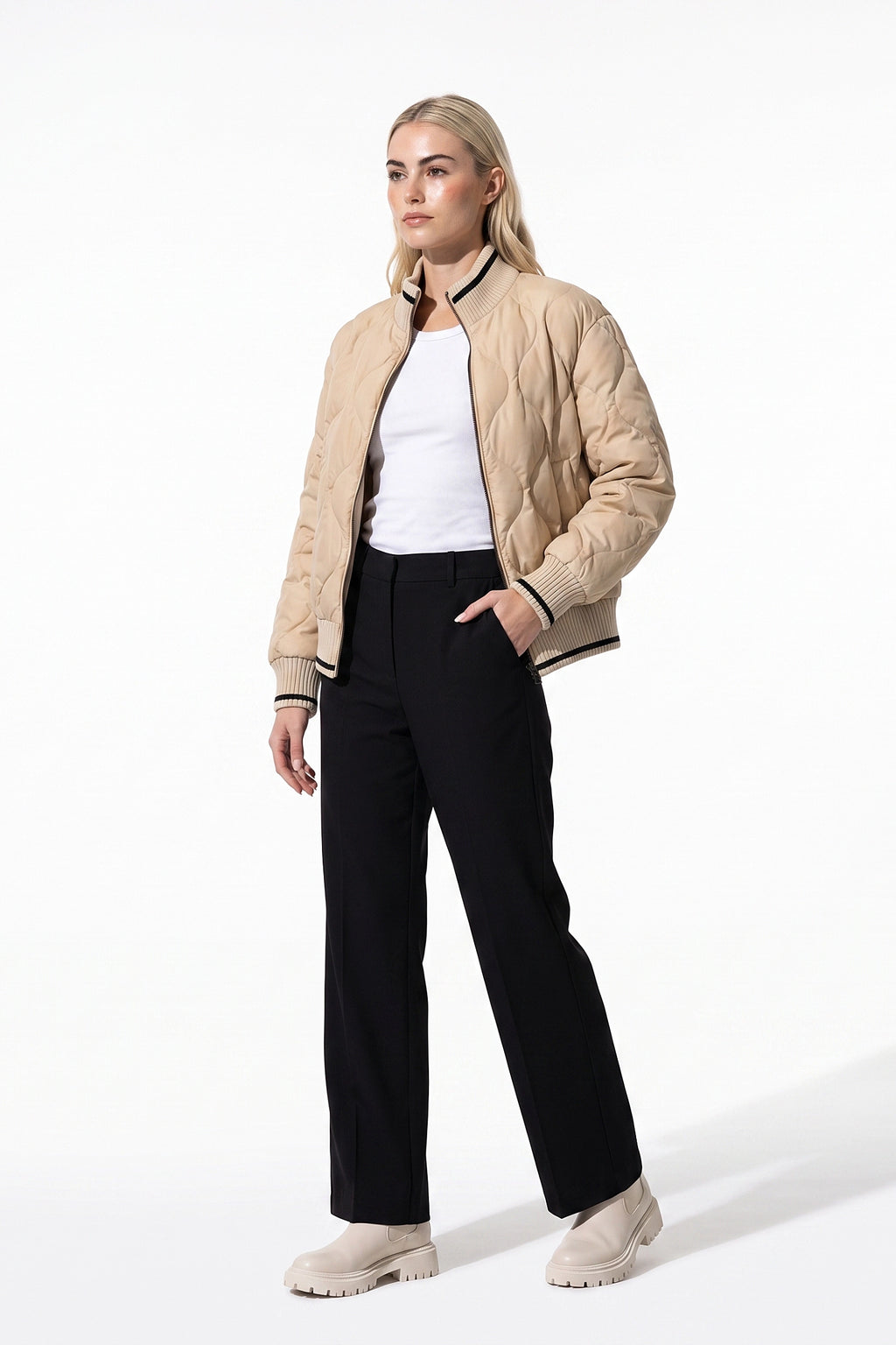 Women’s Winter Warm Quilted Bomber Jacket with Ribbed Stand Collar