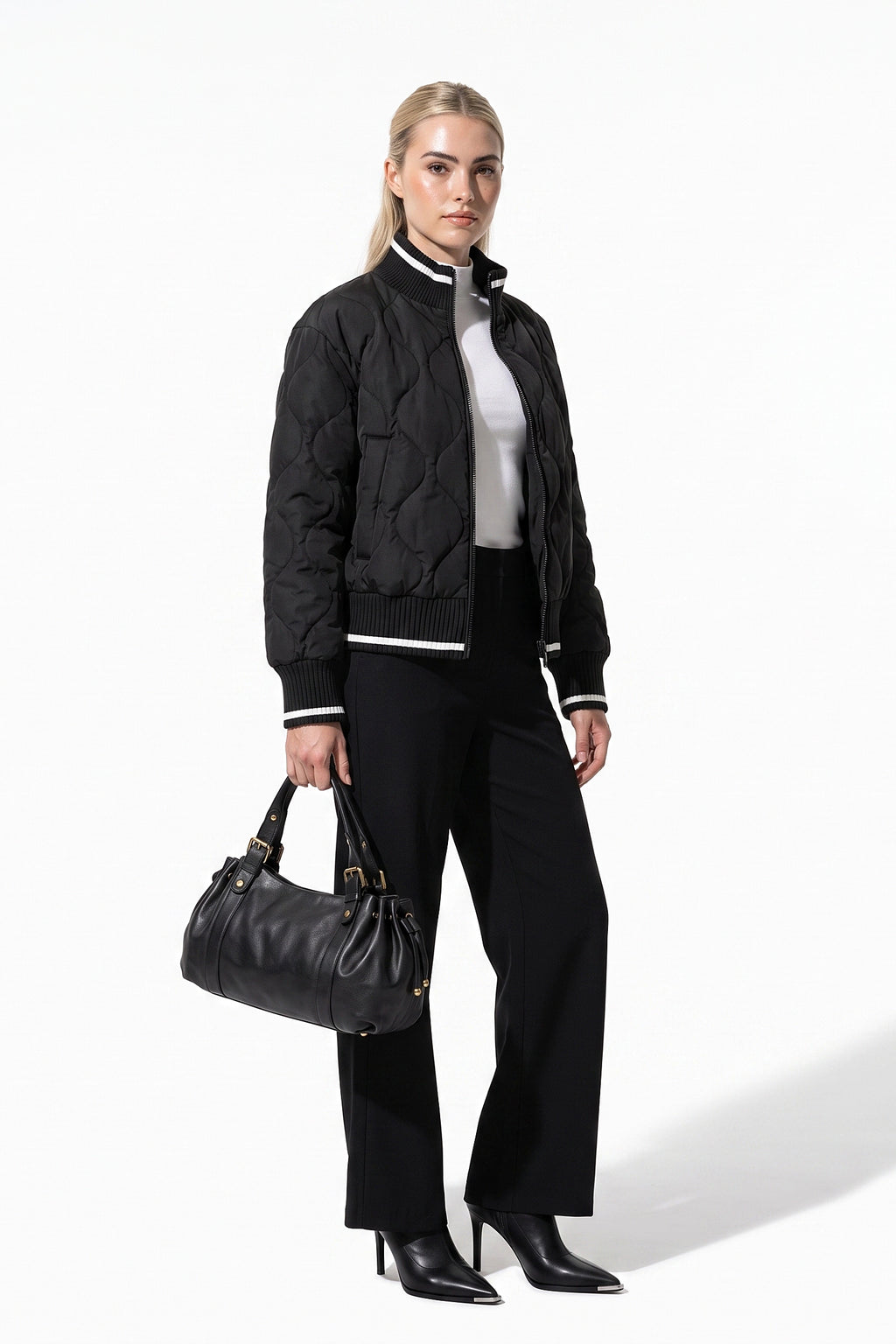 Women’s Winter Warm Quilted Bomber Jacket with Ribbed Stand Collar