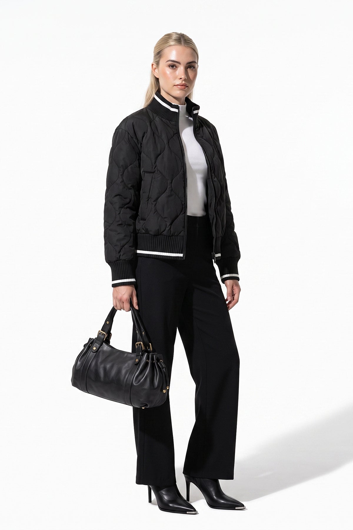Women’s Winter Warm Quilted Bomber Jacket with Ribbed Stand Collar