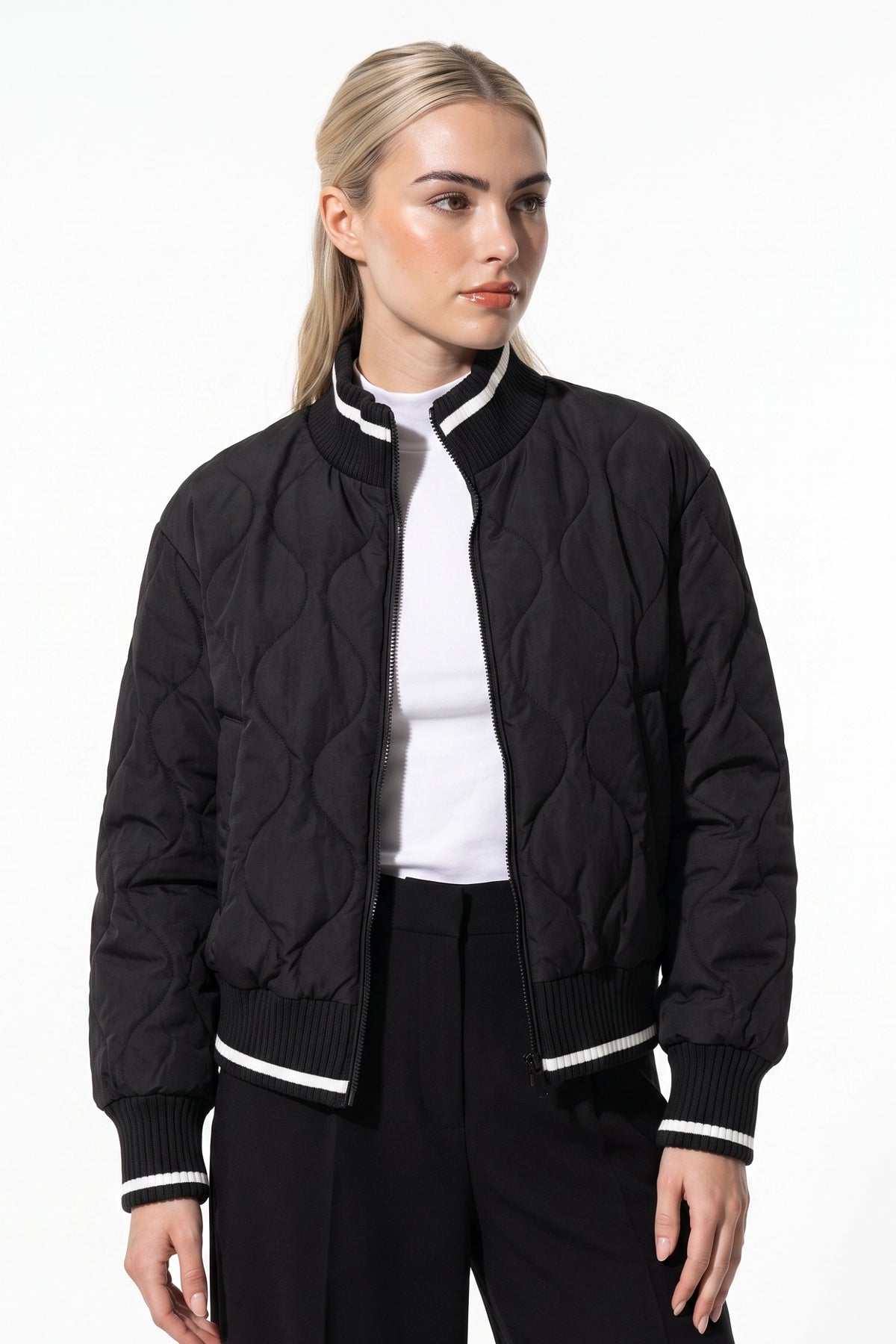 Women’s Winter Warm Quilted Bomber Jacket with Ribbed Stand Collar
