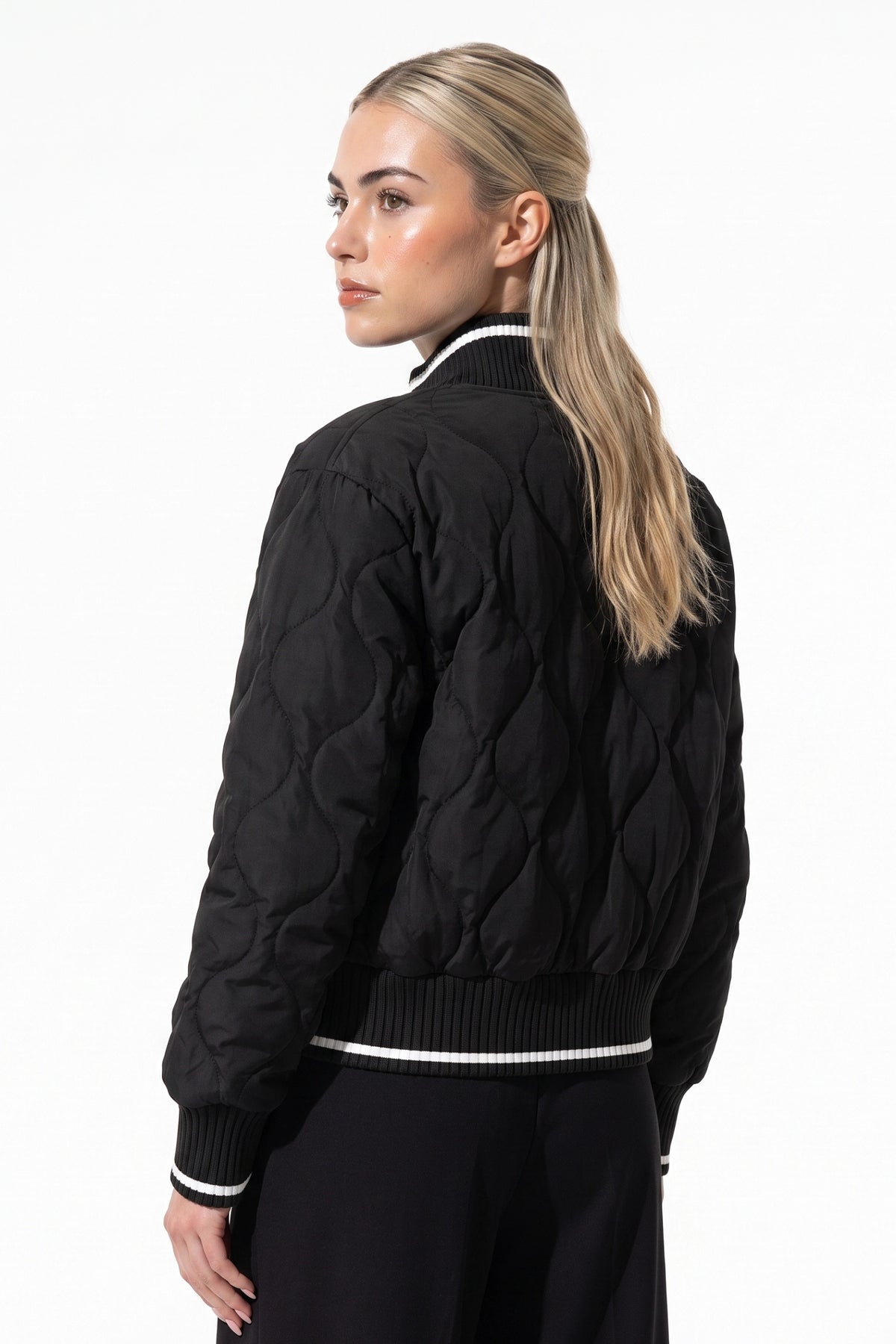 Women’s Winter Warm Quilted Bomber Jacket with Ribbed Stand Collar