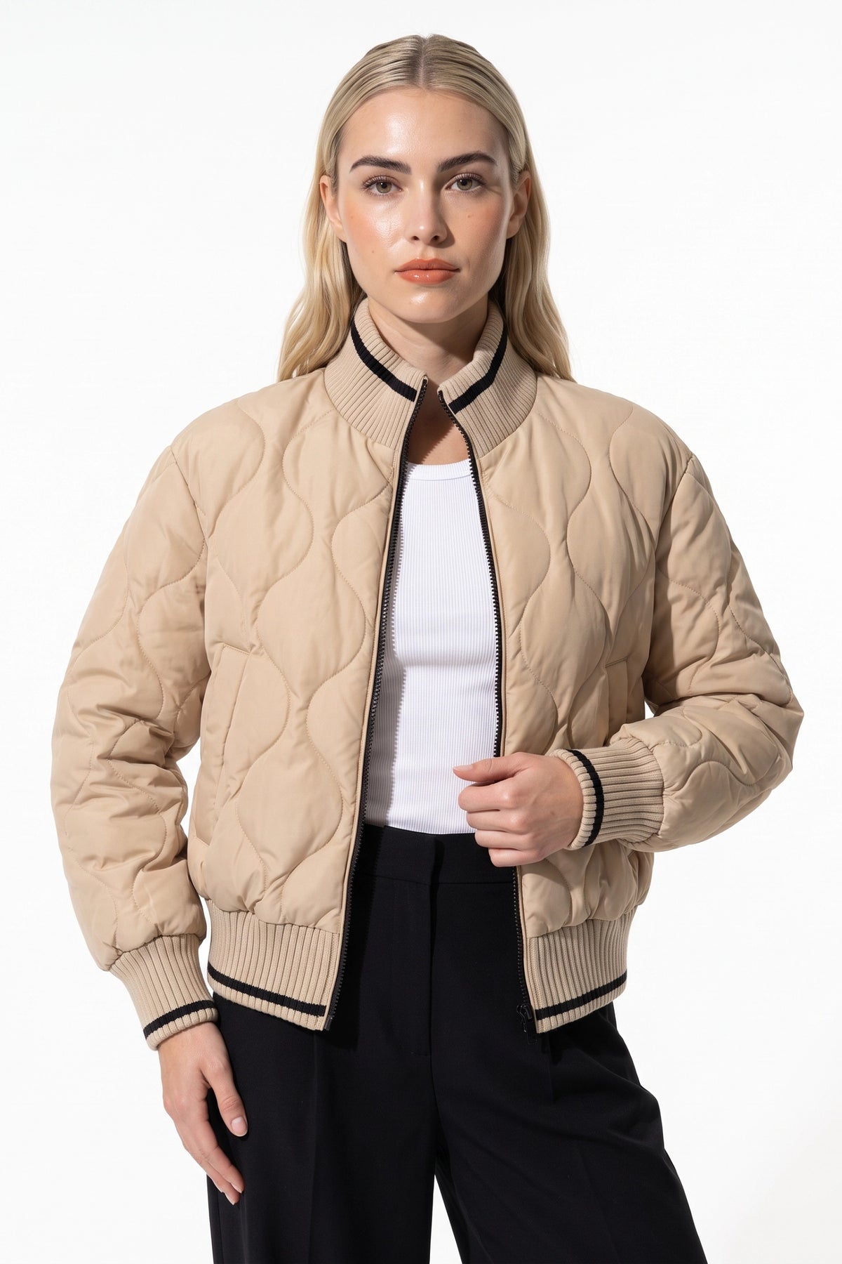 Women’s Winter Warm Quilted Bomber Jacket with Ribbed Stand Collar