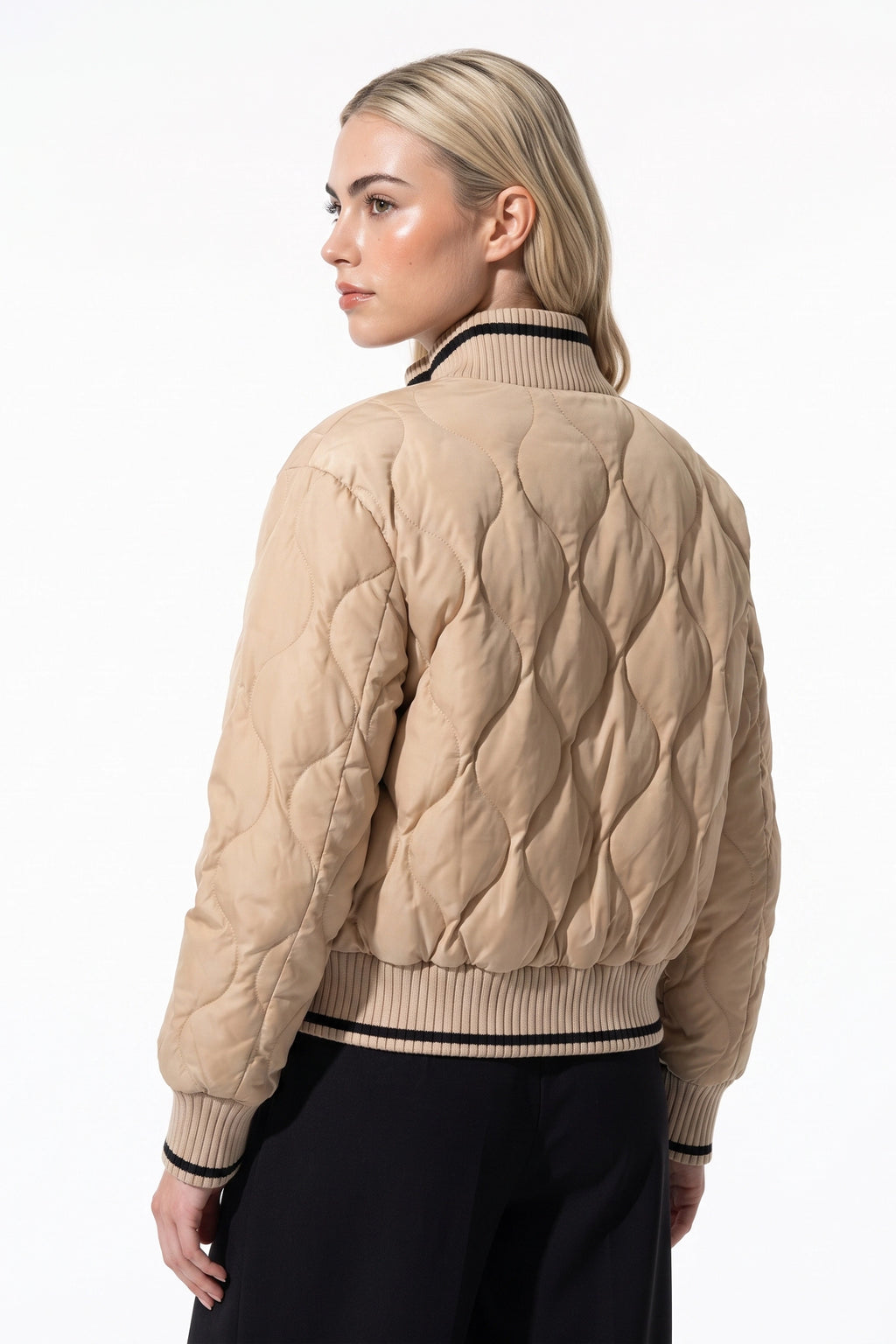 Women’s Winter Warm Quilted Bomber Jacket with Ribbed Stand Collar