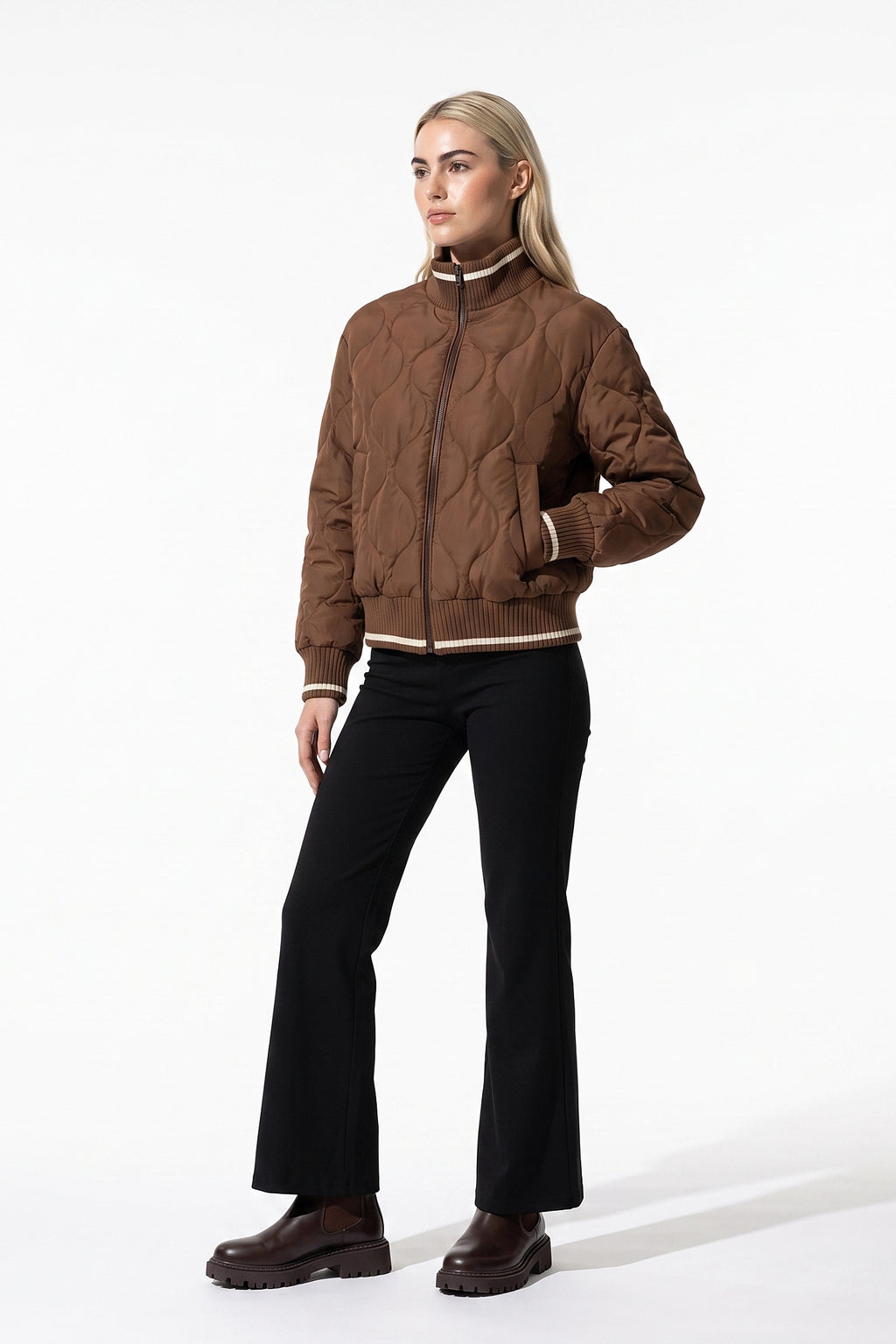 Women’s Winter Warm Quilted Bomber Jacket with Ribbed Stand Collar