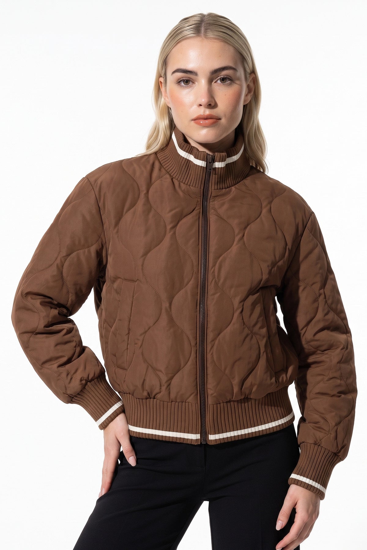Women’s Winter Warm Quilted Bomber Jacket with Ribbed Stand Collar