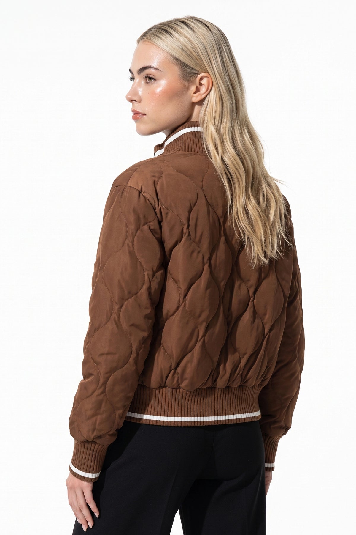 Women’s Winter Warm Quilted Bomber Jacket with Ribbed Stand Collar