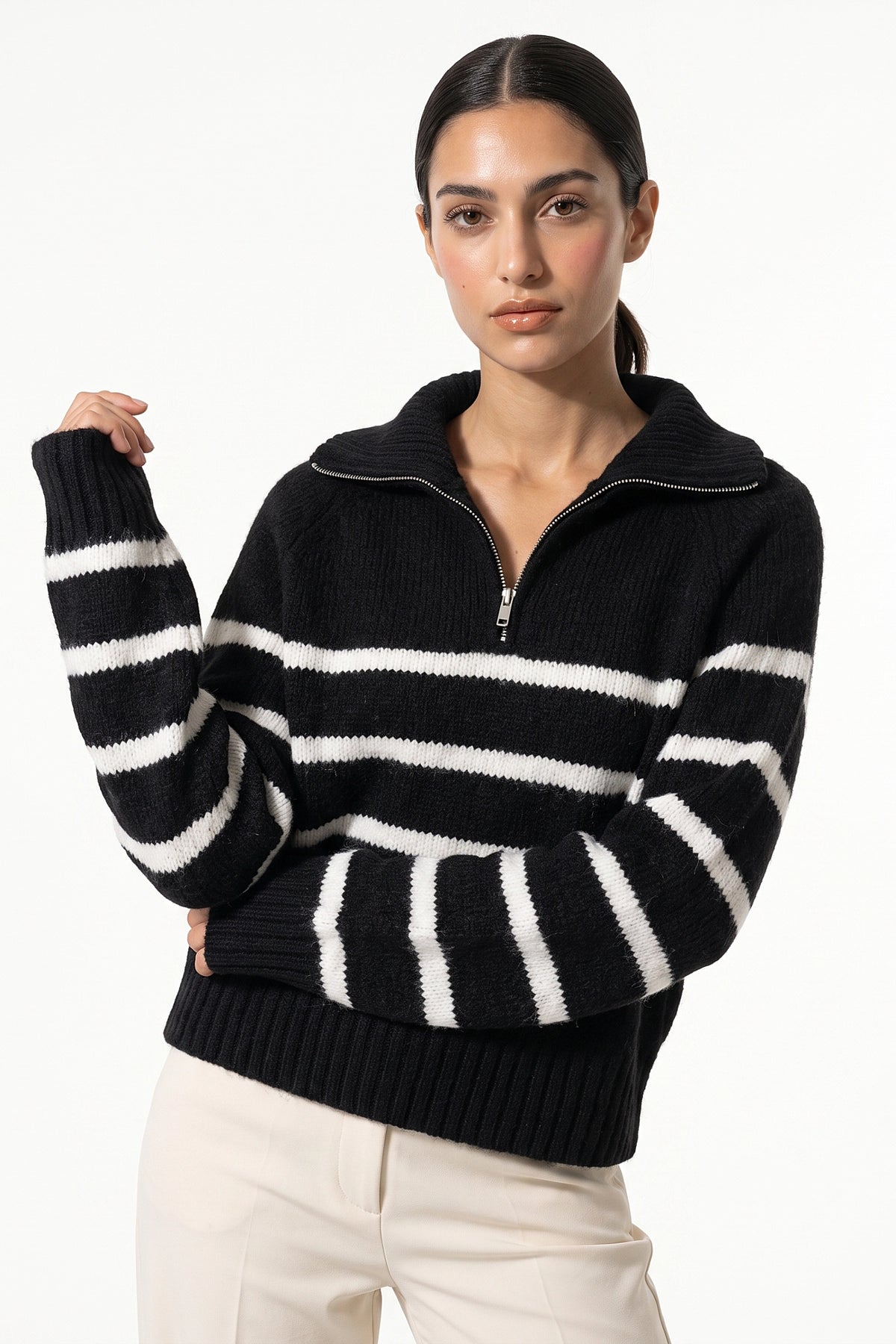 Women's Winter Warm Striped Knit Jumper with Quarter Zip