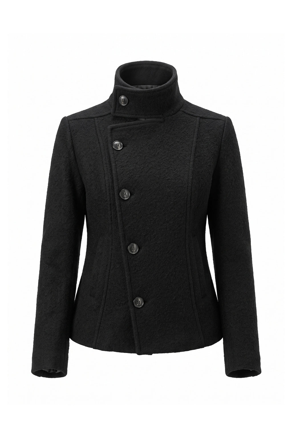 Women’s Winter Warm Asymmetric Button Black Short Coat with High Collar
