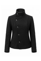 Women’s Winter Warm Asymmetric Button Black Short Coat with High Collar