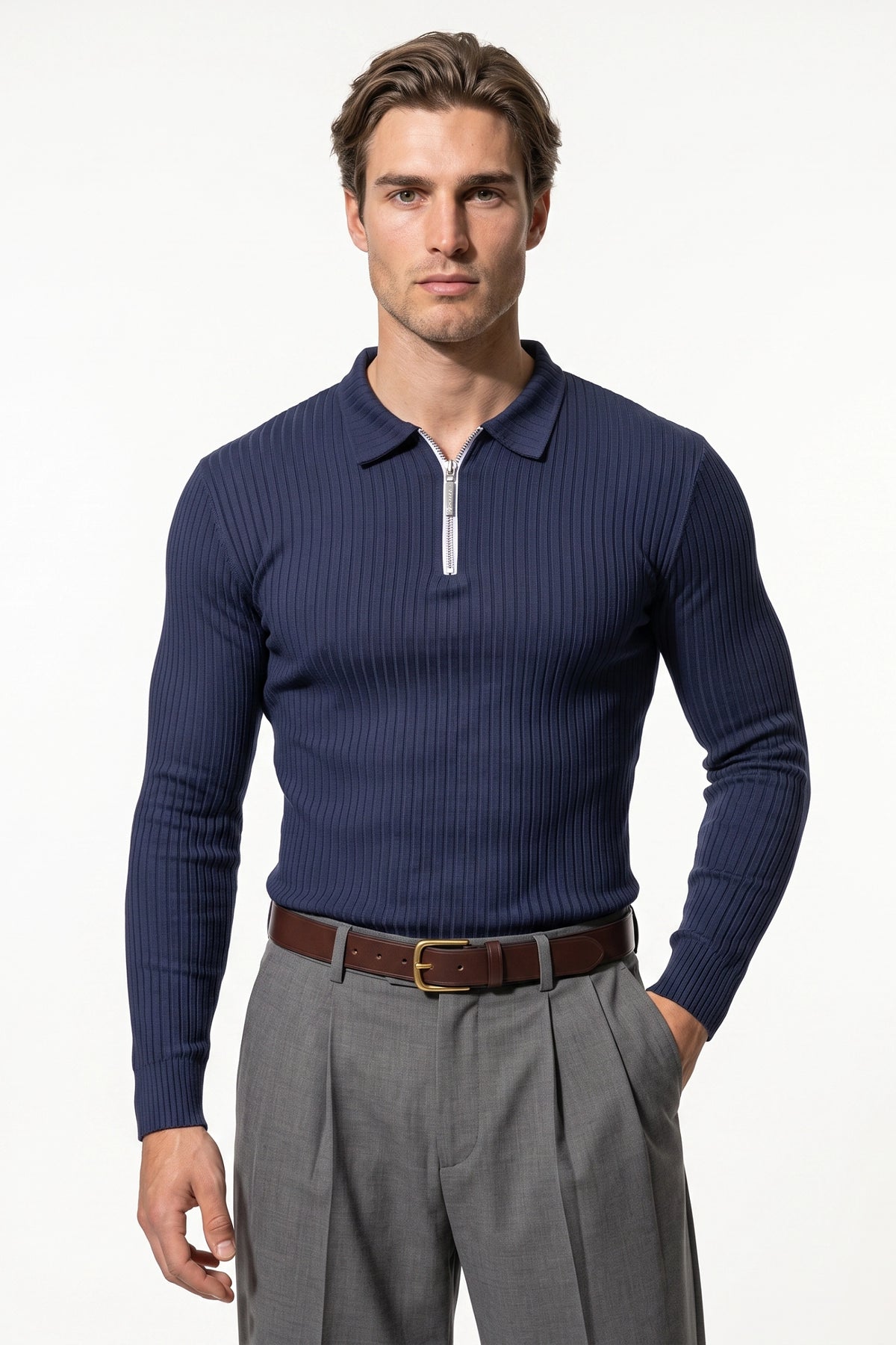 Men’s Winter Comfortable Quarter Zip Ribbed Knit Long Sleeve Polo