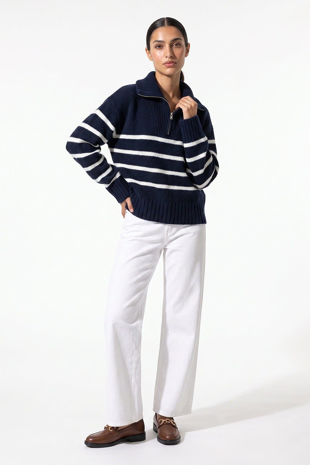 Women's Winter Warm Striped Knit Jumper with Quarter Zip