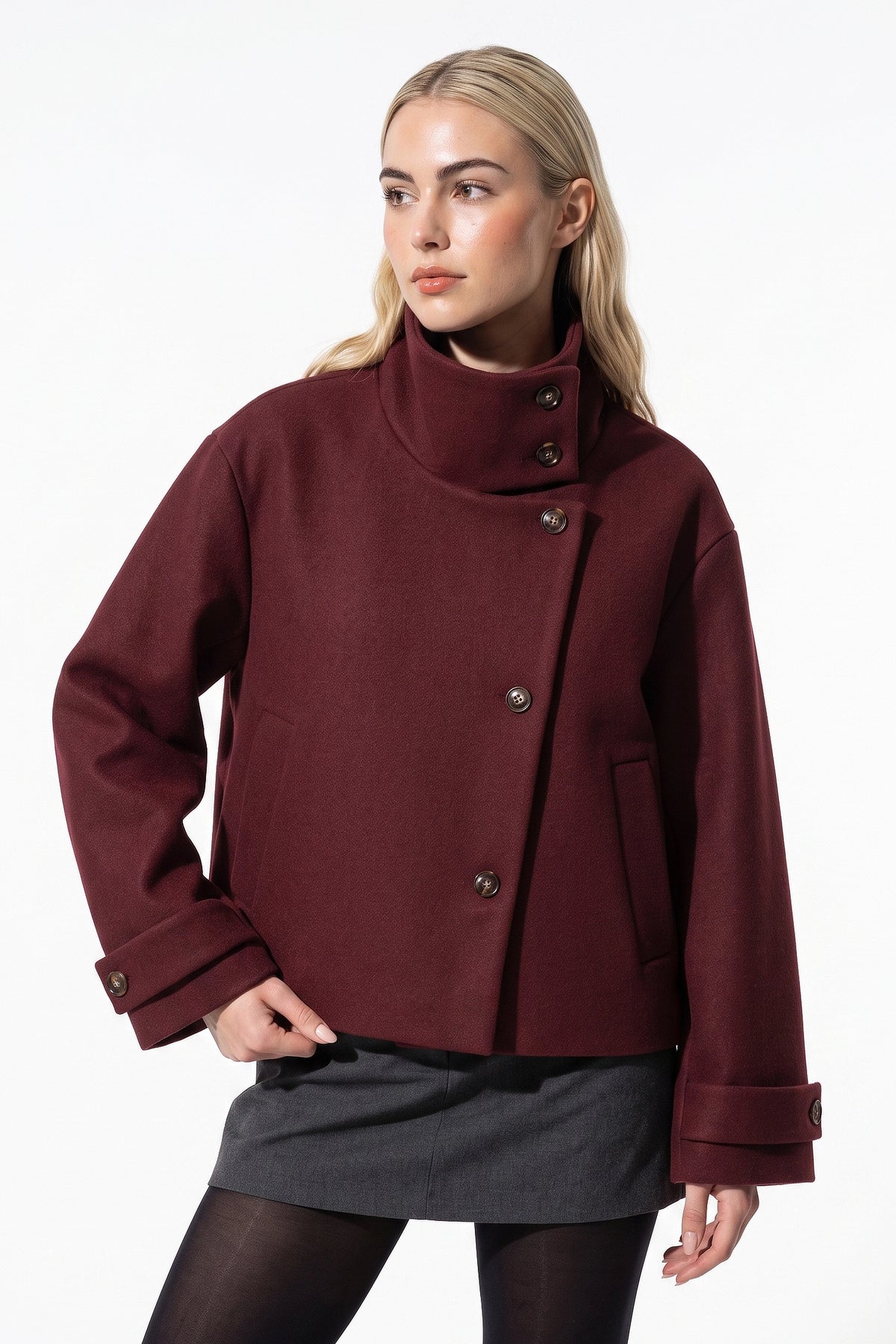 Women's Winter Warm Wool Short Trench Coat with High Collar Button Front
