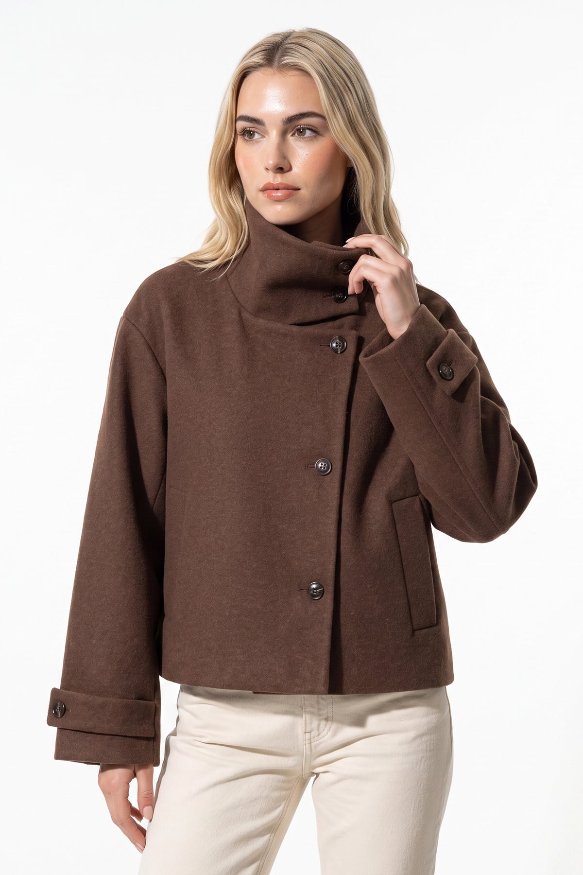 Women's Winter Warm Wool Short Trench Coat with High Collar Button Front