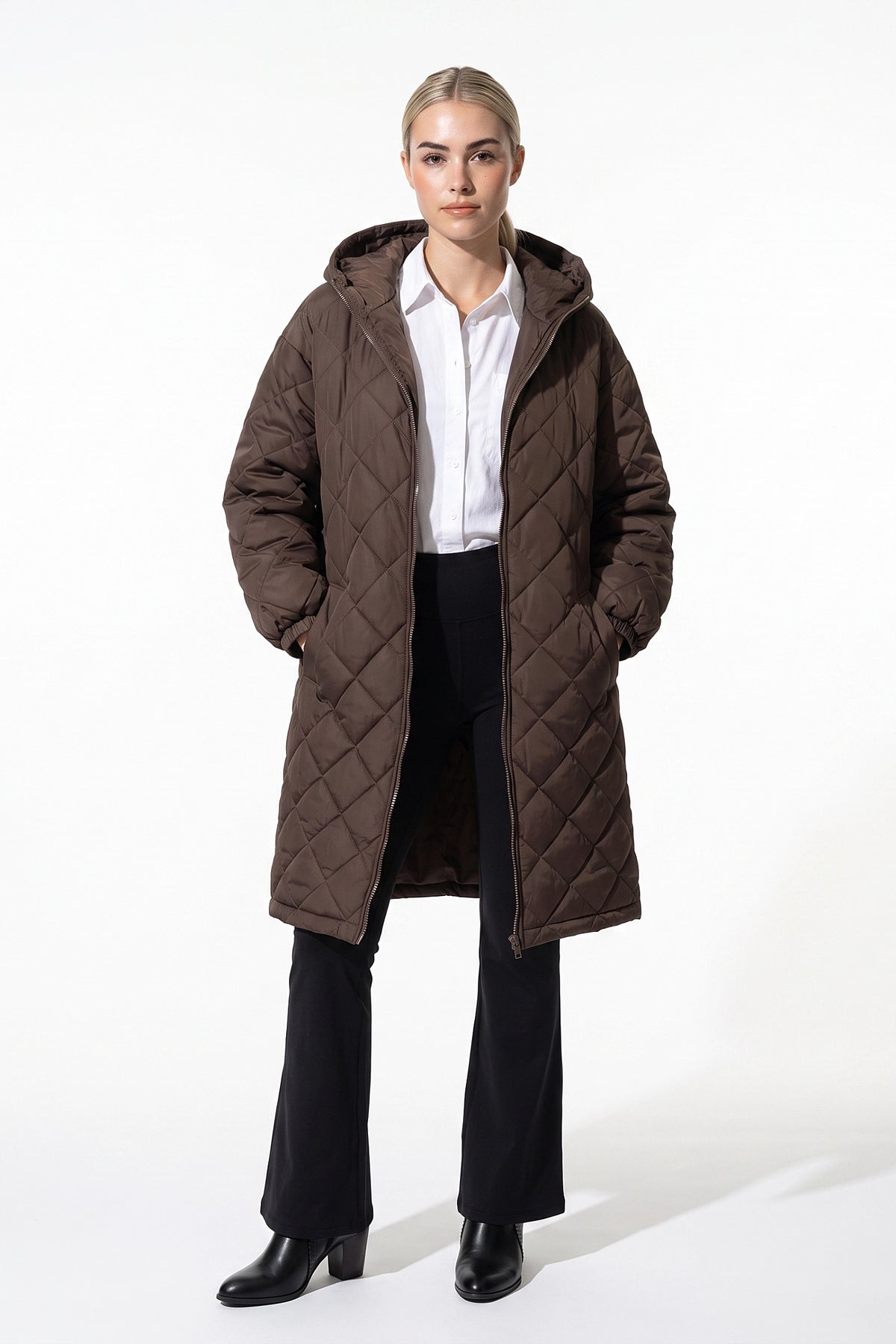 Women's Winter Warm Long Diamond Quilted Hooded Puffer Coat