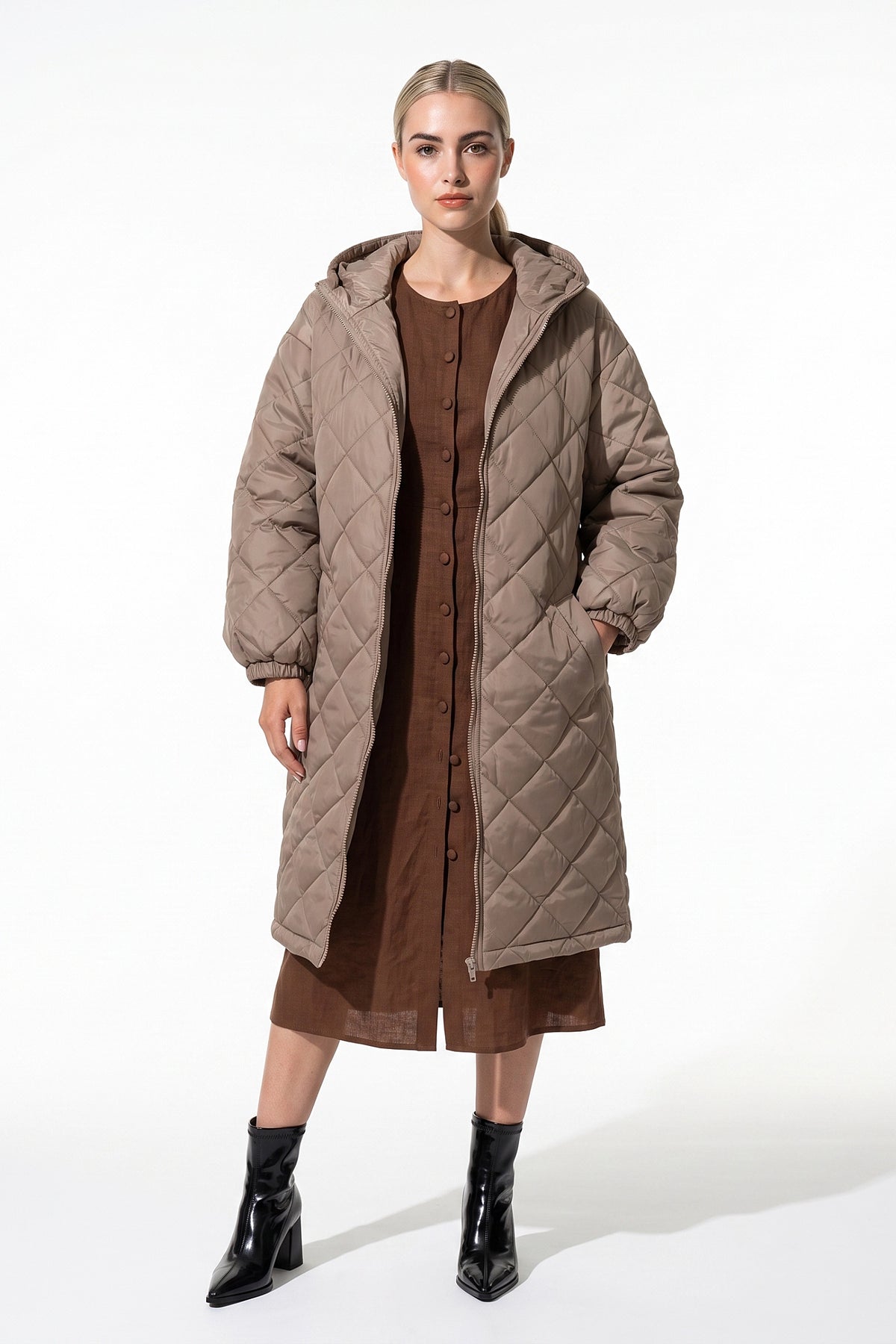 Women's Winter Warm Long Diamond Quilted Hooded Puffer Coat