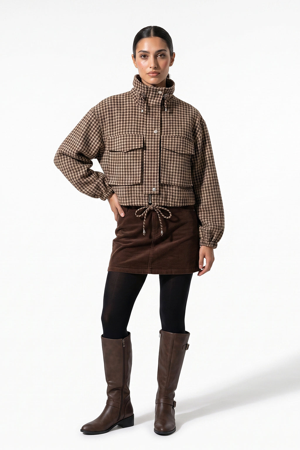 Women’s Winter Comfortable Houndstooth High Collar Cropped Jacket