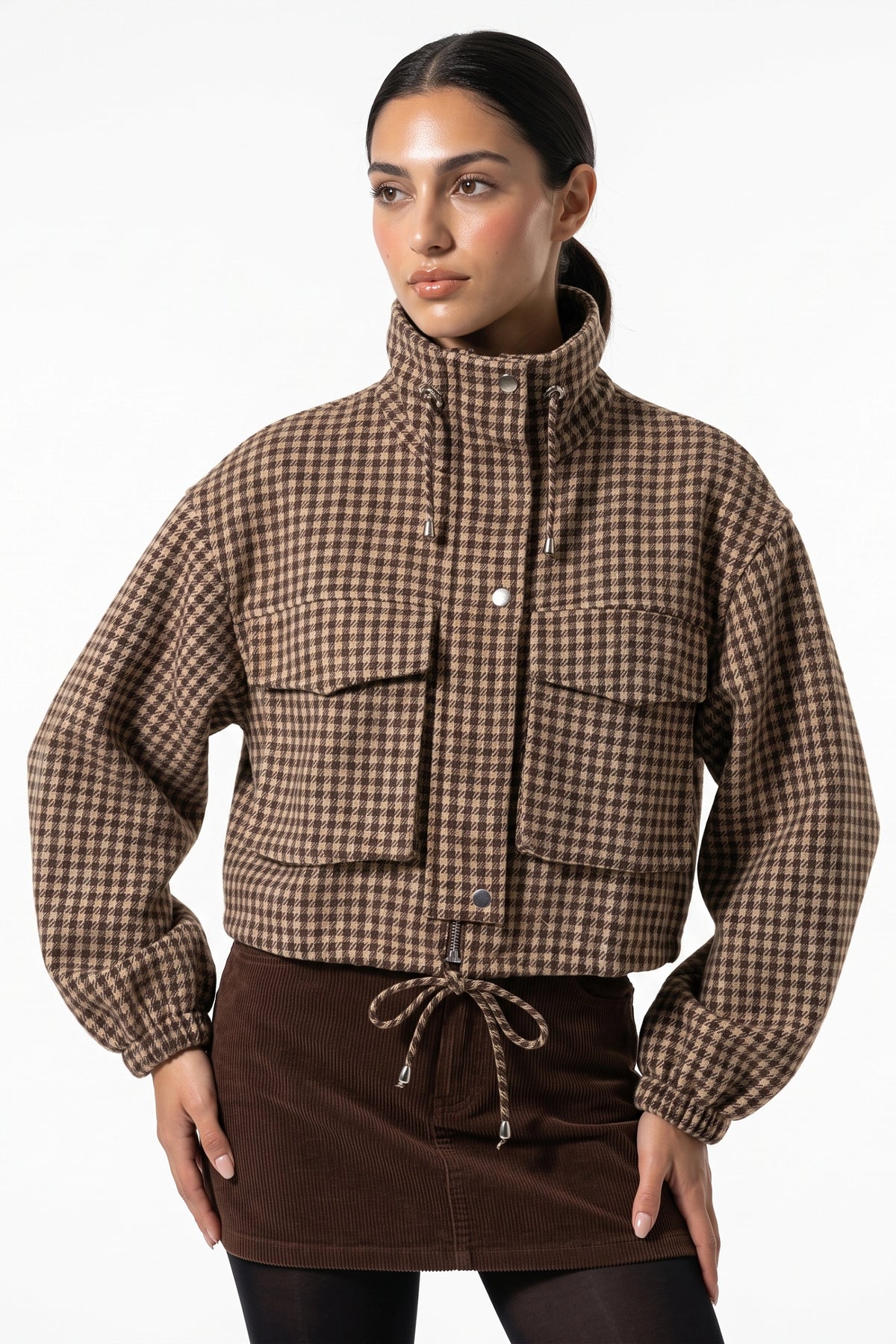 Women’s Winter Comfortable Houndstooth High Collar Cropped Jacket