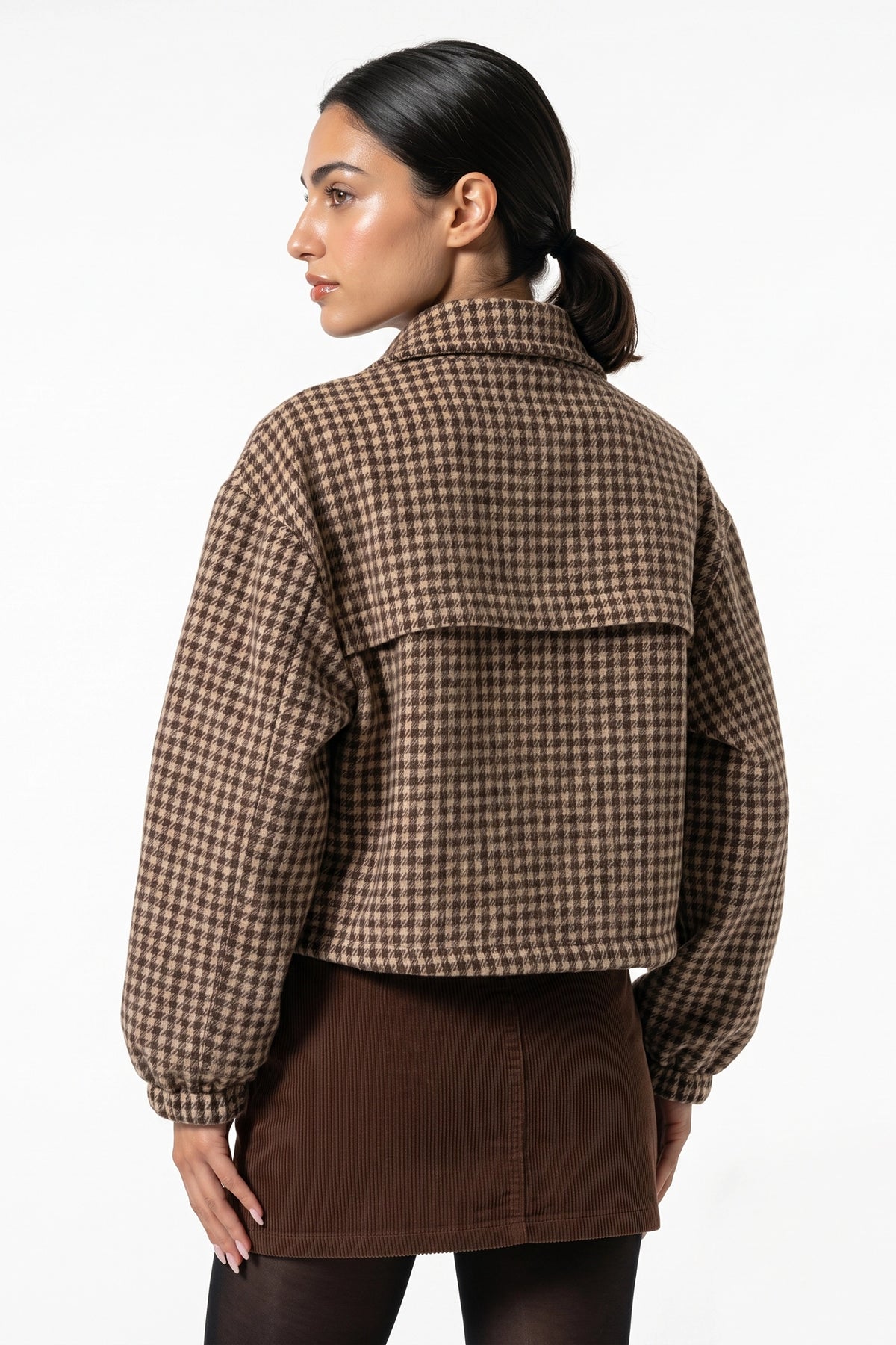 Women’s Winter Comfortable Houndstooth High Collar Cropped Jacket