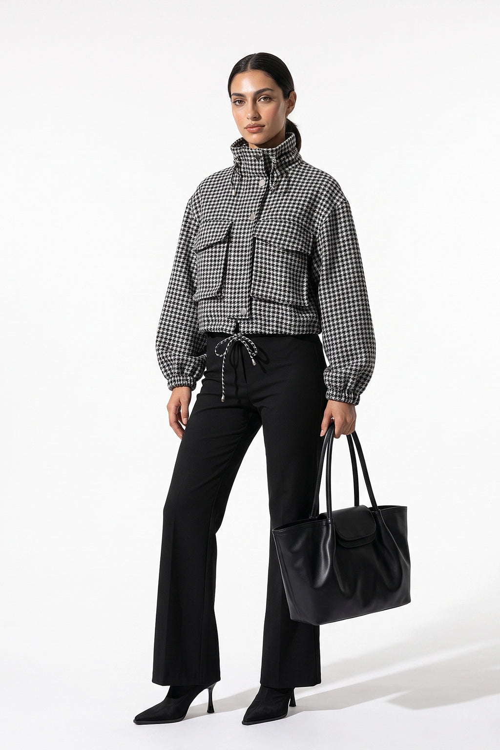Women’s Winter Comfortable Houndstooth High Collar Cropped Jacket