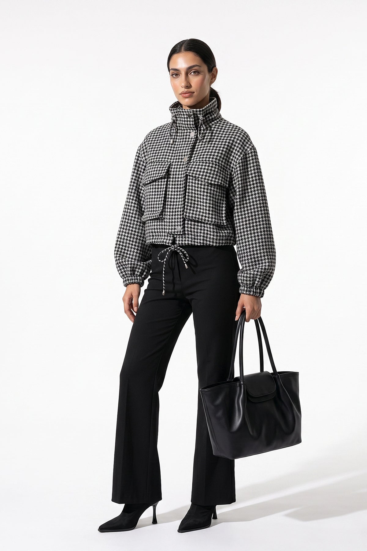 Women’s Winter Comfortable Houndstooth High Collar Cropped Jacket