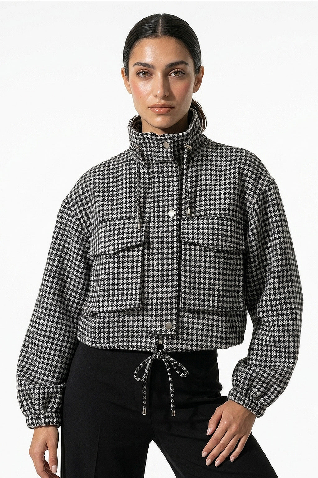 Women’s Winter Comfortable Houndstooth High Collar Cropped Jacket