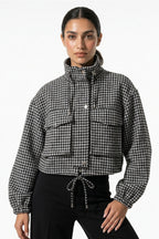 Women’s Winter Comfortable Houndstooth High Collar Cropped Jacket