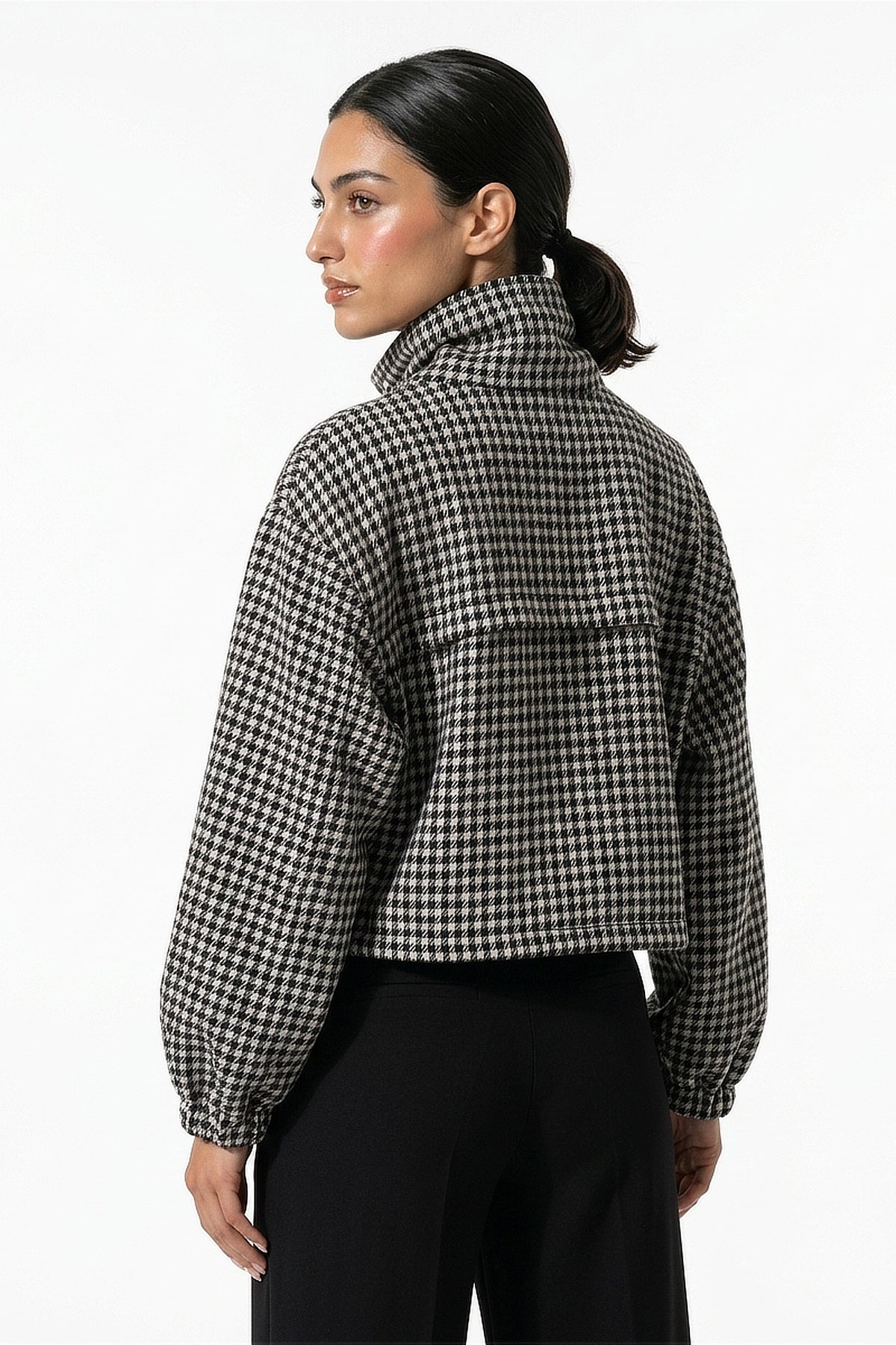 Women’s Winter Comfortable Houndstooth High Collar Cropped Jacket