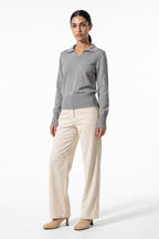Women's Winter Knitted V Neck Polo Jumper with Long Sleeves