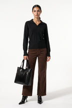 Women's Winter Knitted V Neck Polo Jumper with Long Sleeves