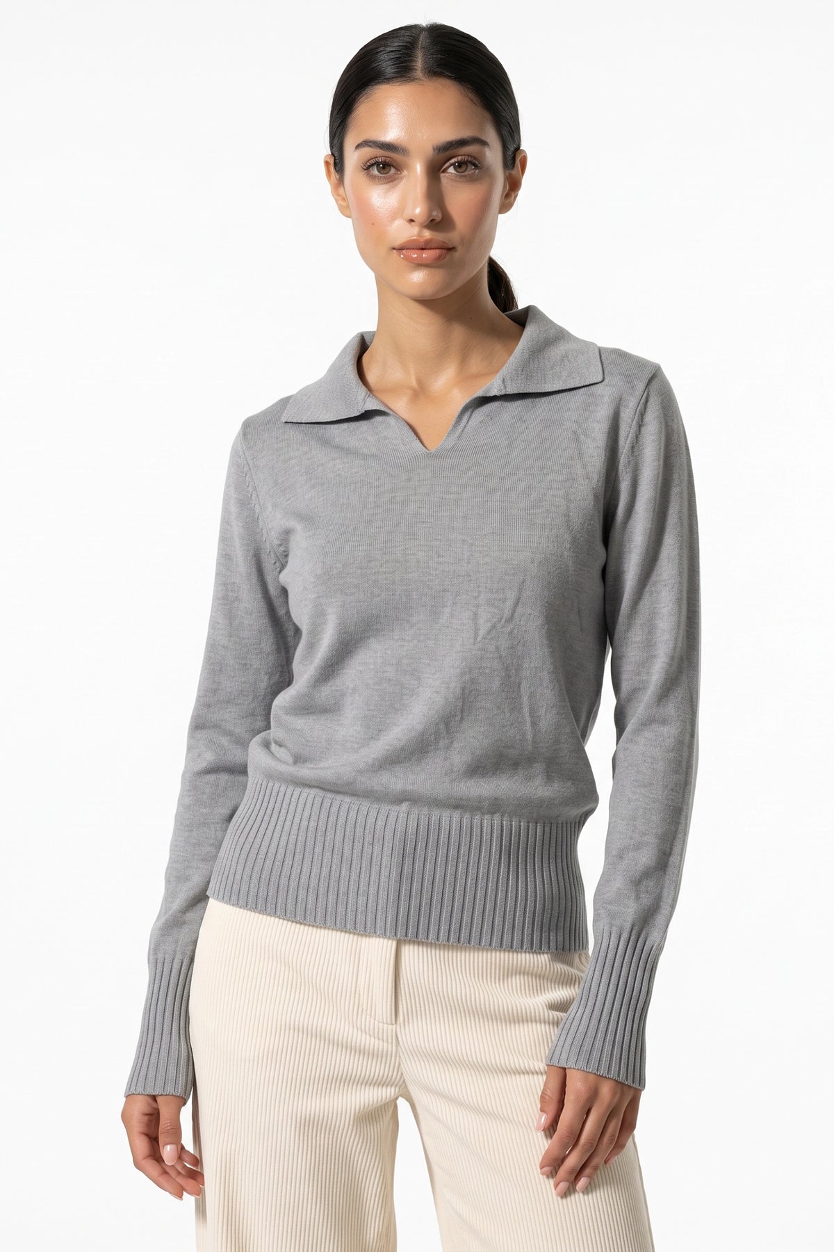 Women's Winter Knitted V Neck Polo Jumper with Long Sleeves