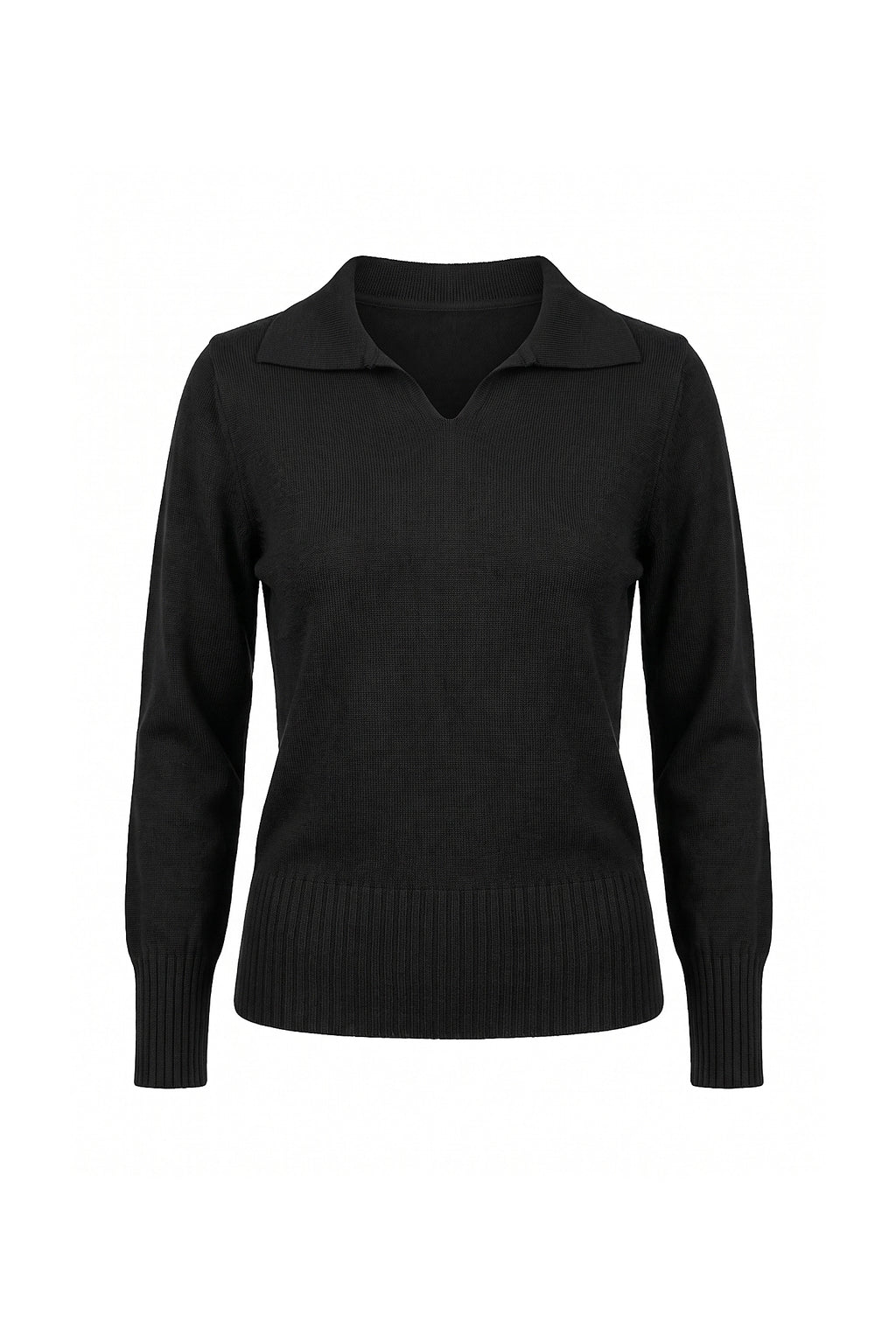 Women's Winter Knitted V Neck Polo Jumper with Long Sleeves
