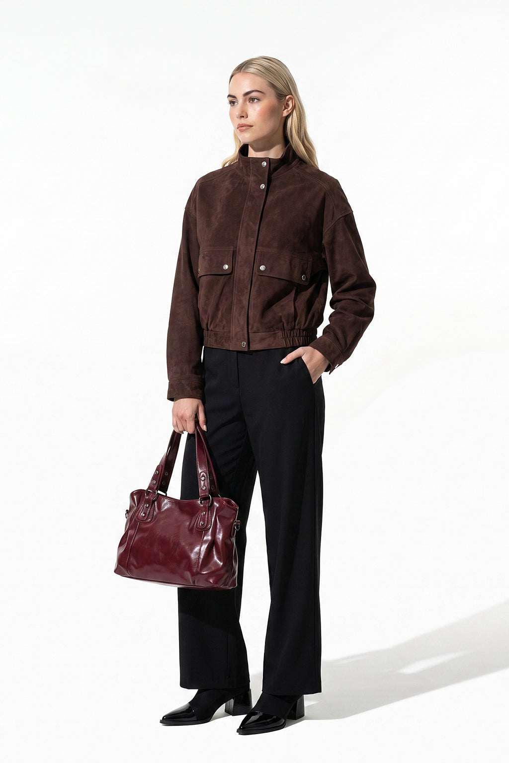 Women’s Winter Brown Suede Jacket with Cropped Fit and Stand Collar