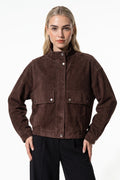Women’s Winter Brown Suede Jacket with Cropped Fit and Stand Collar