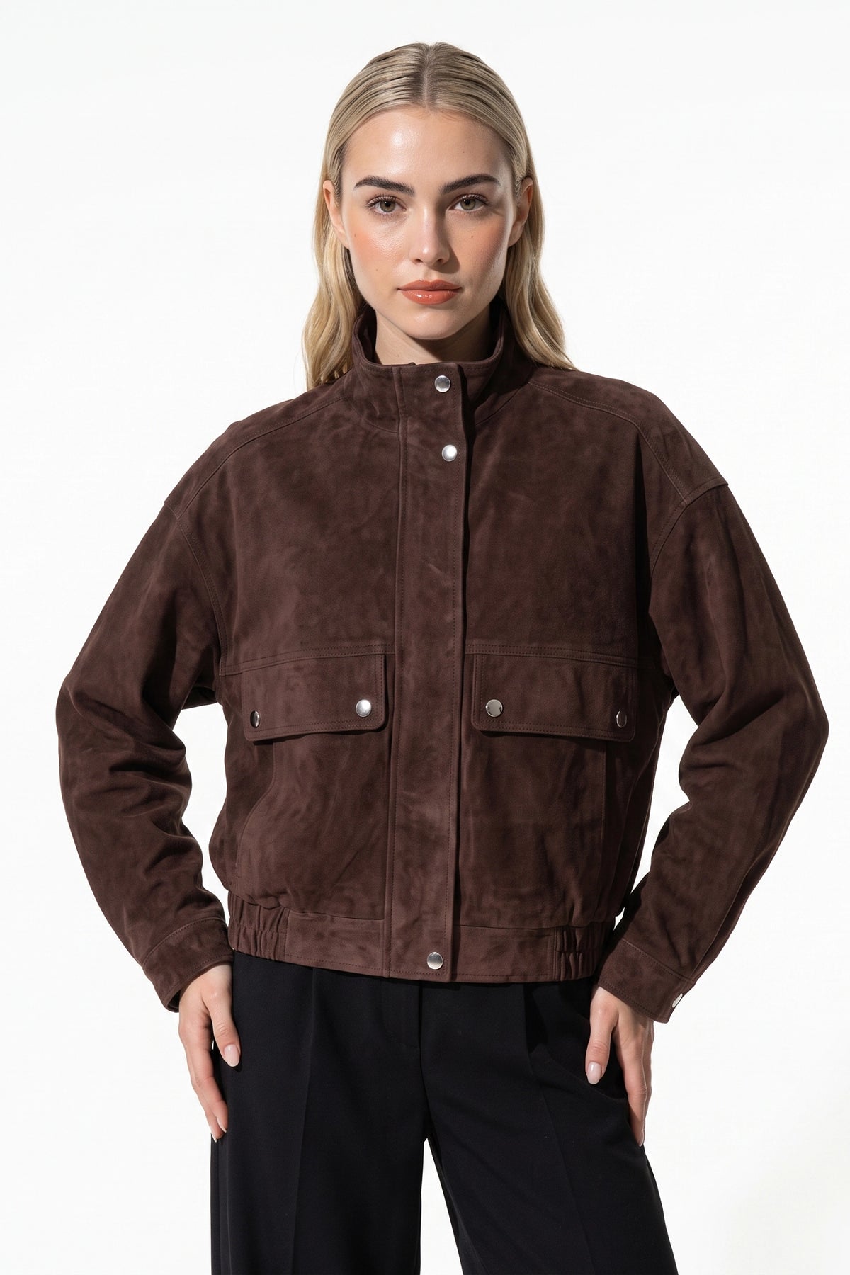 Women’s Winter Brown Suede Jacket with Cropped Fit and Stand Collar
