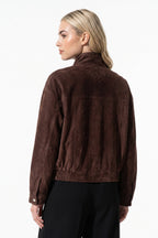 Women’s Winter Brown Suede Jacket with Cropped Fit and Stand Collar
